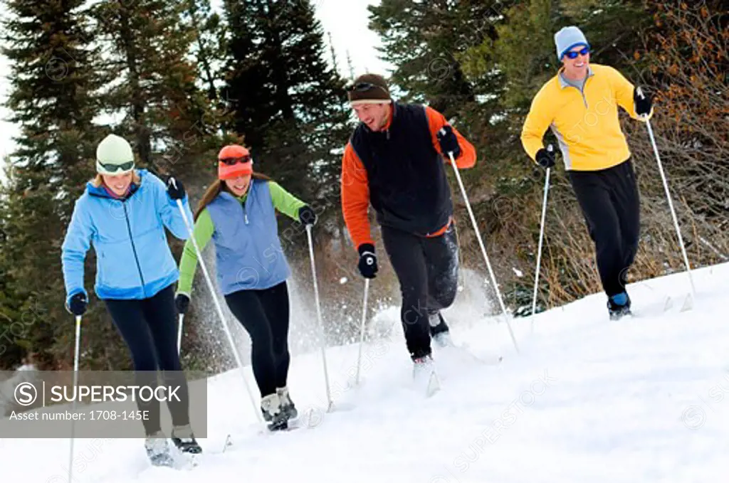 Four people skiing