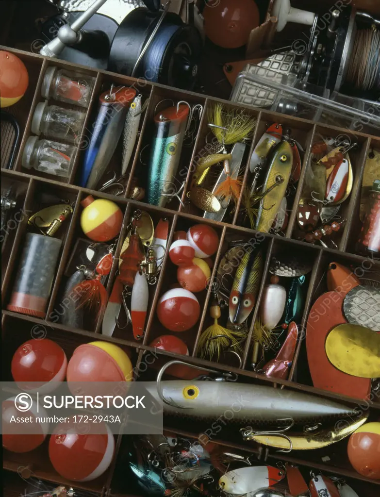 Close-up of fishing equipment at a market stall