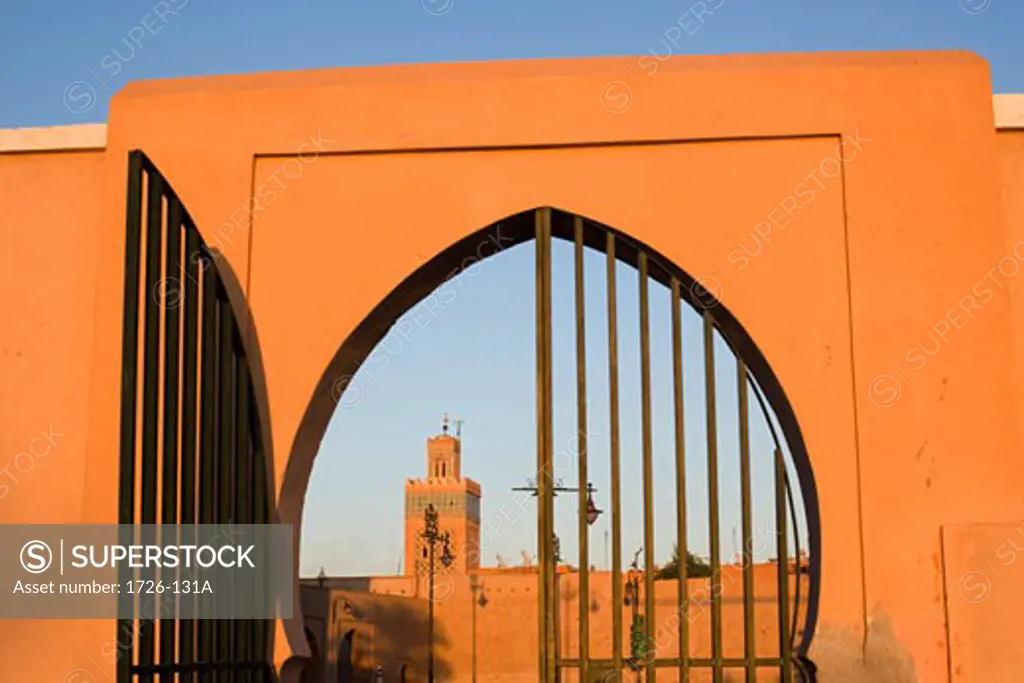 Mosque viewed through an archway, Koutoubia Mosque, Marrakesh, Morocco