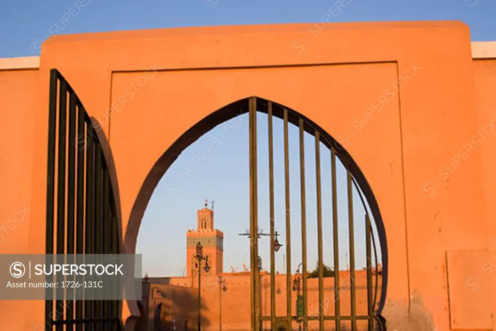 Mosque viewed through an archway, Koutoubia Mosque, Marrakesh, Morocco