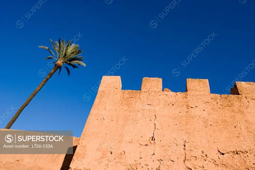 Low angle view of a fortified wall, Marrakesh, Morocco