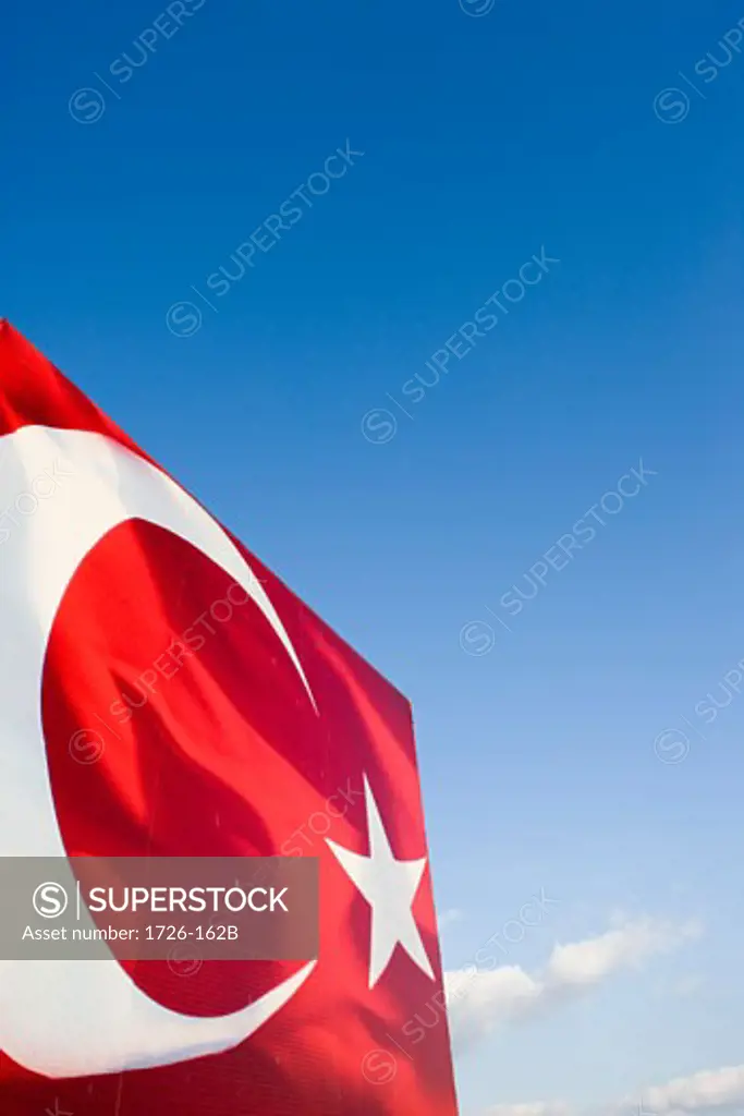 Low angle view of the Turkish flag fluttering