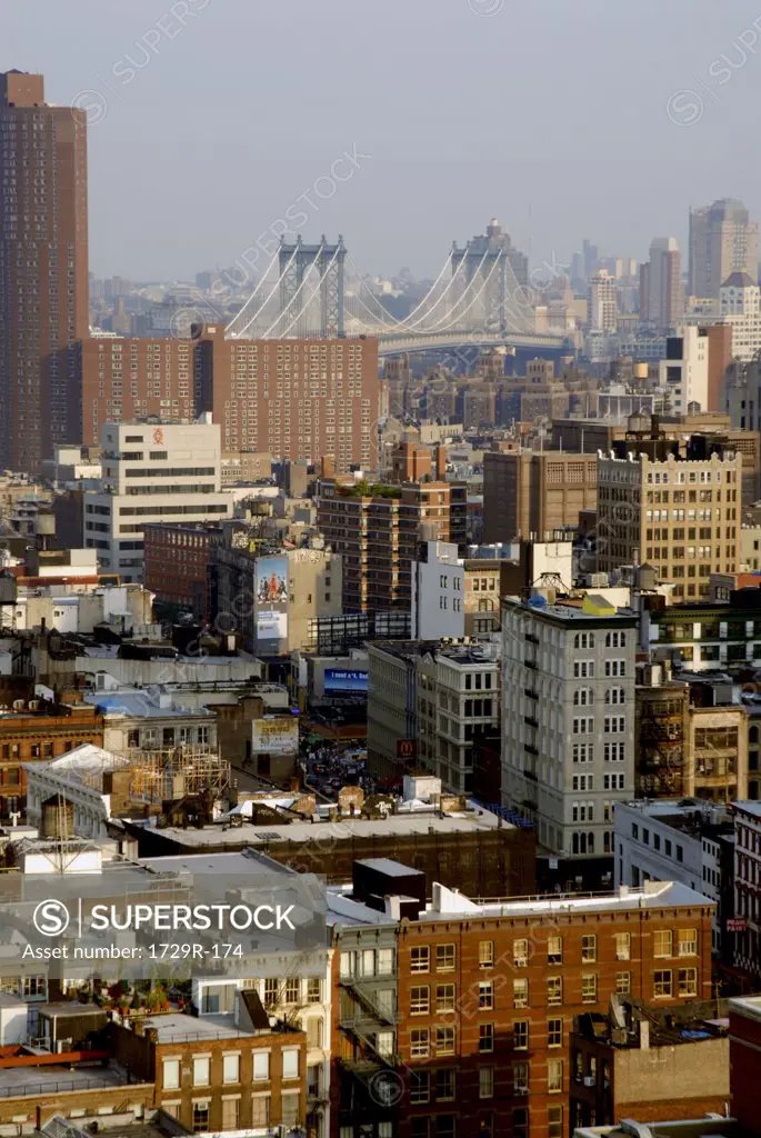High angle view of a city, Manhattan Bridge, Lower Manhattan, Manhattan, New York City, New York State, USA