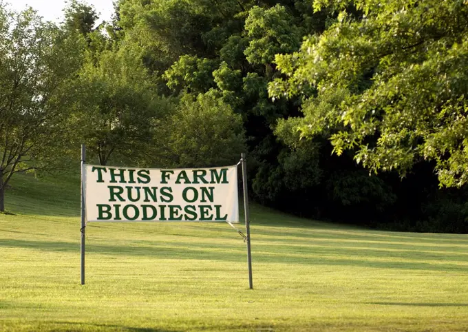 Signboard in a farm indicating that the farm gets its energy by using biodiesel, Long Island, New York State, USA