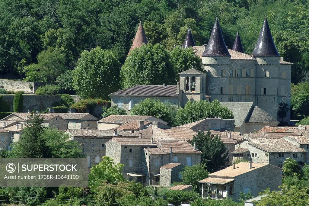 France, Ardeche, Chambonas, Castle from the 12th-17th century, visible thanks to its towers with varnished tiles