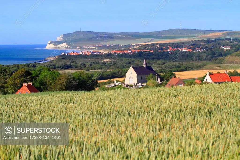 France, North Coast. Tardinghen. Wiwwant and Wisssant Bay. Foreground: Tardighen's church. Background: Cap Blanc Nez