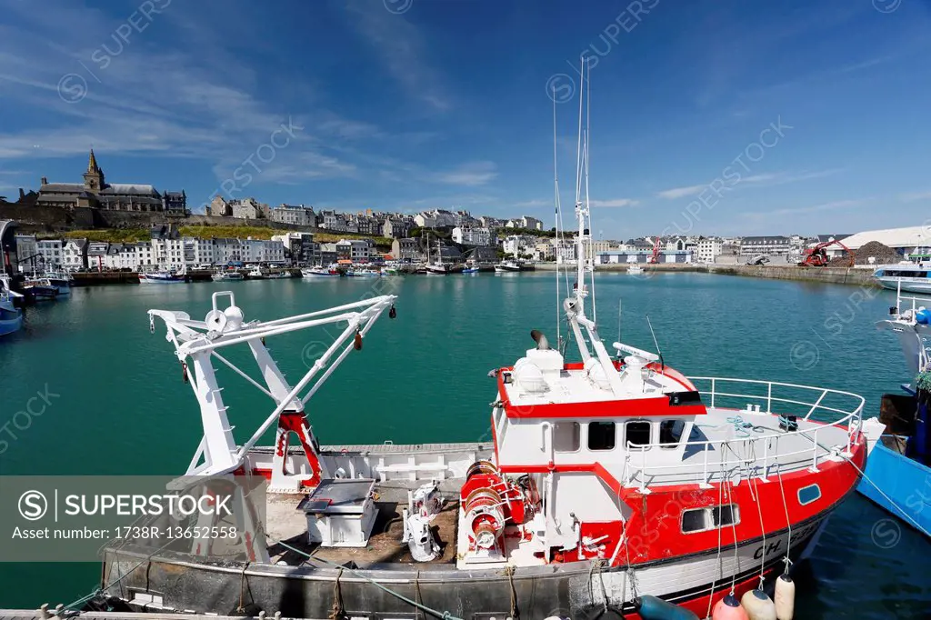 France, Normandy. Manche. Granville. The fishing port. Trawler in the foreground