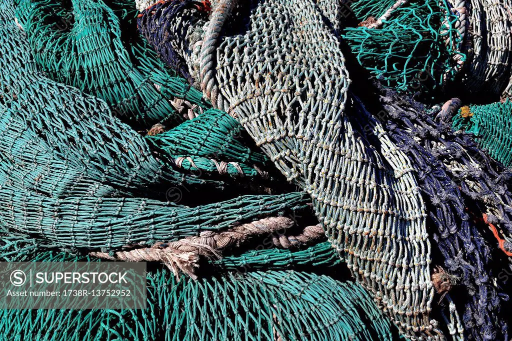 France, North-Western France, Brittany, Le Guilvinec, fishing port. Fishing nets for the trawlers