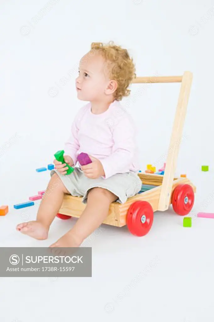 Baby boy sitting on a push cart
