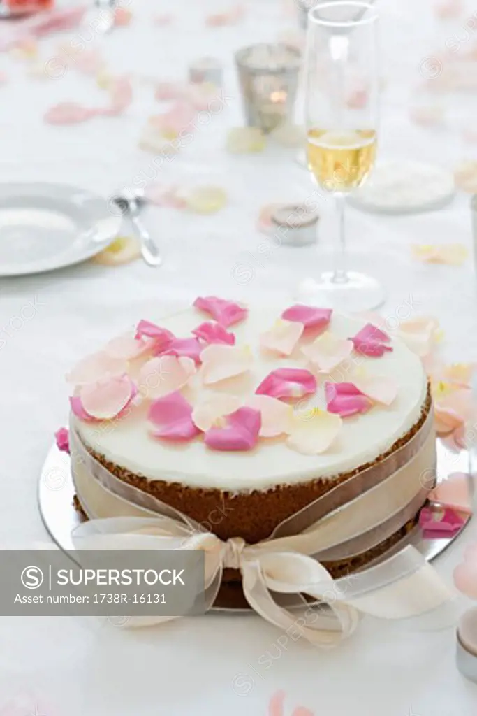 Close-up of a wedding cake on a dining table