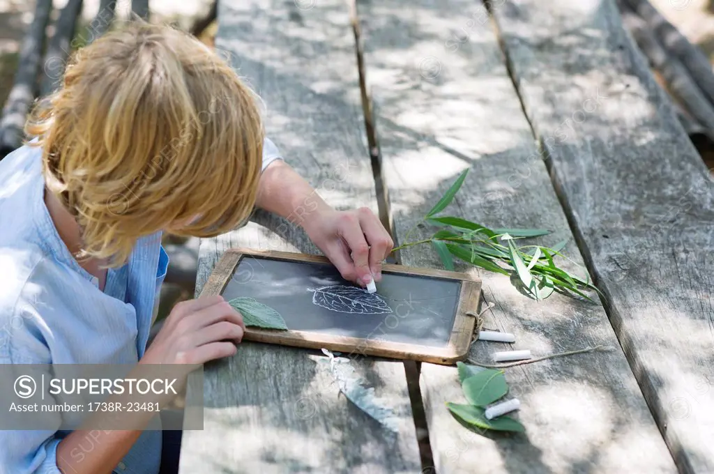Side profile of a little boy making drawing of leaf on slate outdoors
