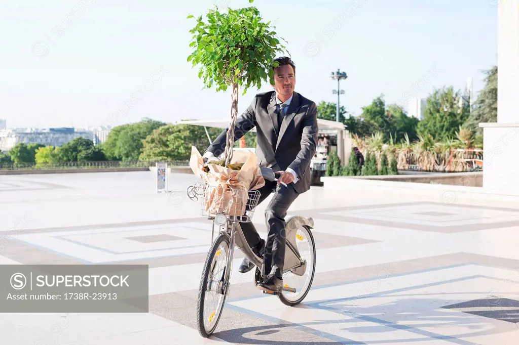 Businessman carrying a plant on a bicycle, Eiffel Tower, Paris, Ile_de_France, France