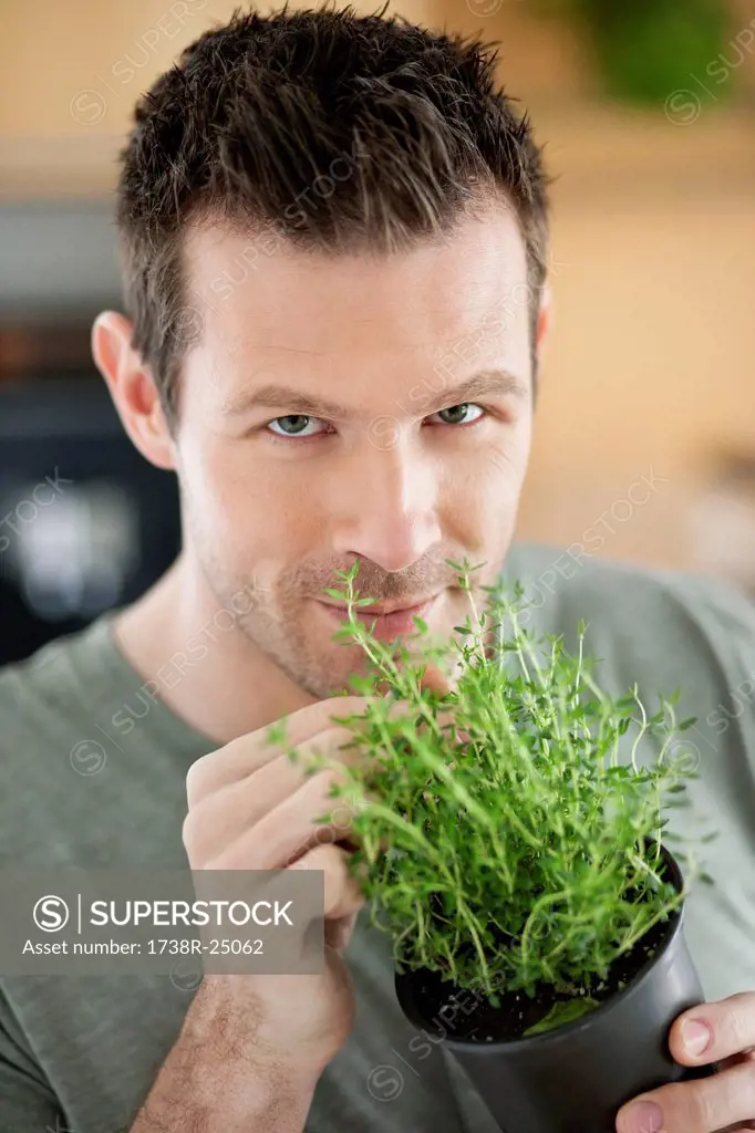 Man smelling thyme plant