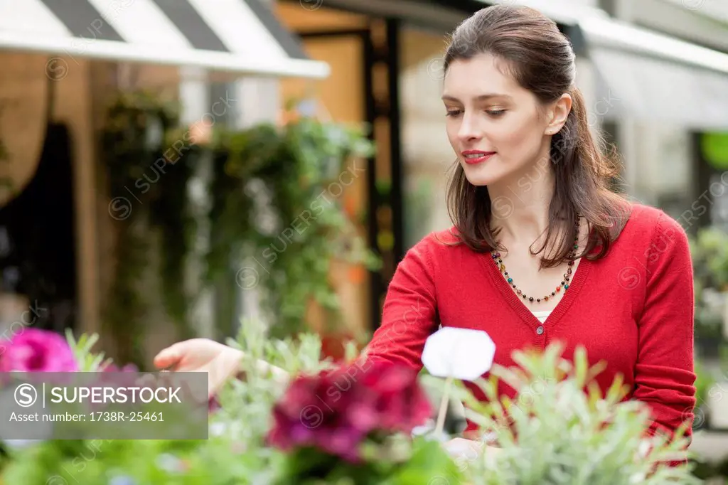 Woman touching flowers in a flower shop