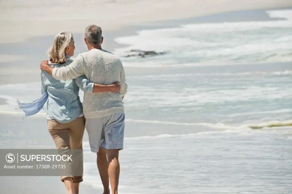 Rear view of a couple walking on the beach