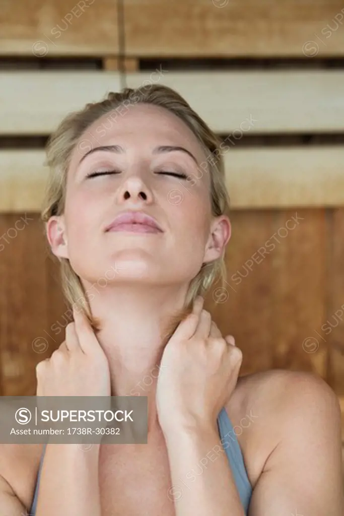 Close-up of a woman in a sauna