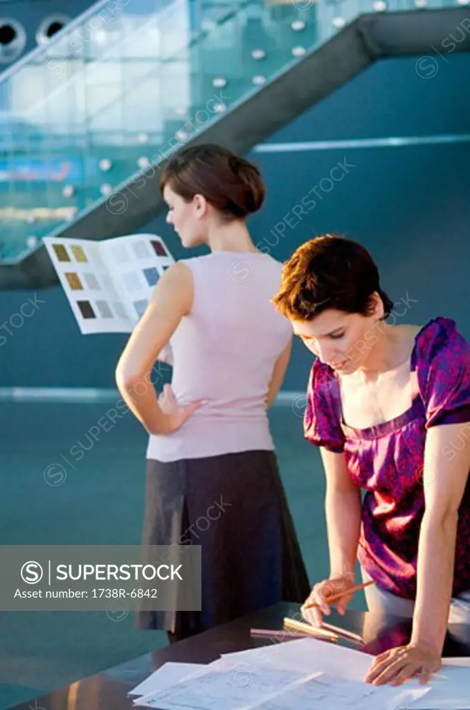 Mid adult woman making a blueprint with a young woman looking at a color swatch