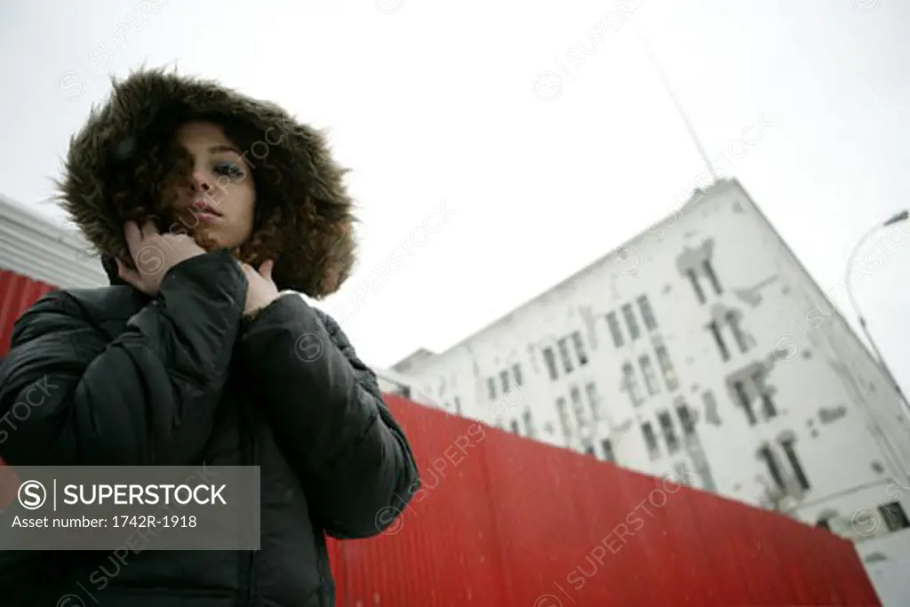 Woman with mink coat, low angle view