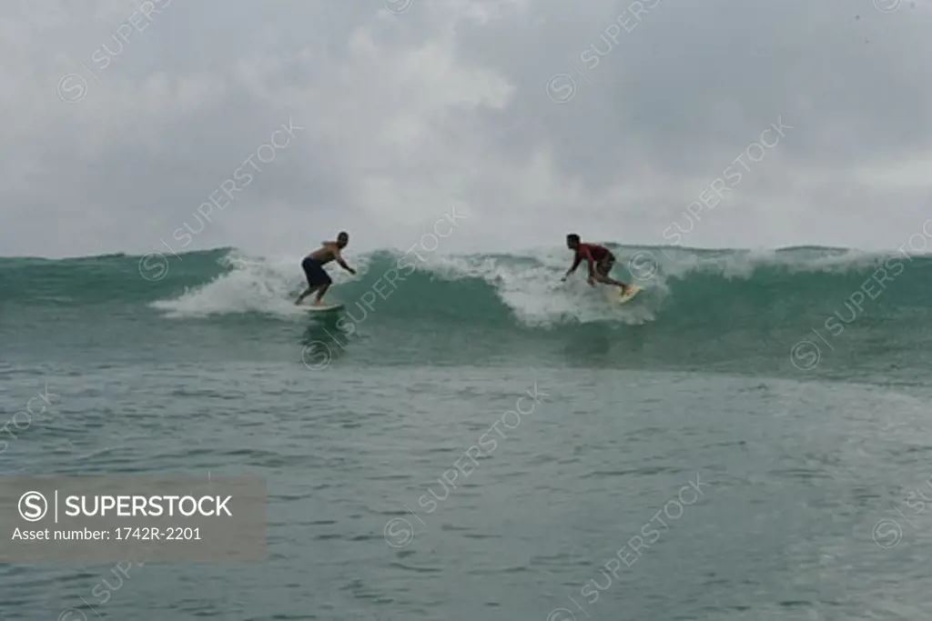 Two men surfboarding.
