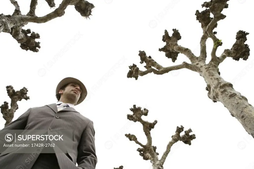 View of a businessman standing beside trees.