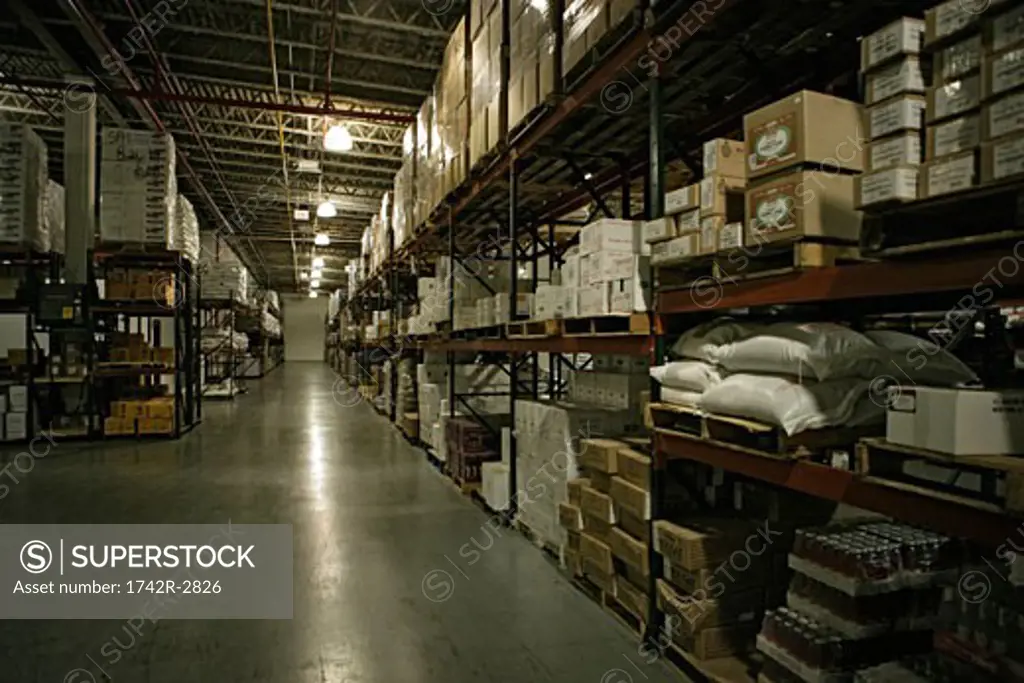 View of a well stocked warehouse.
