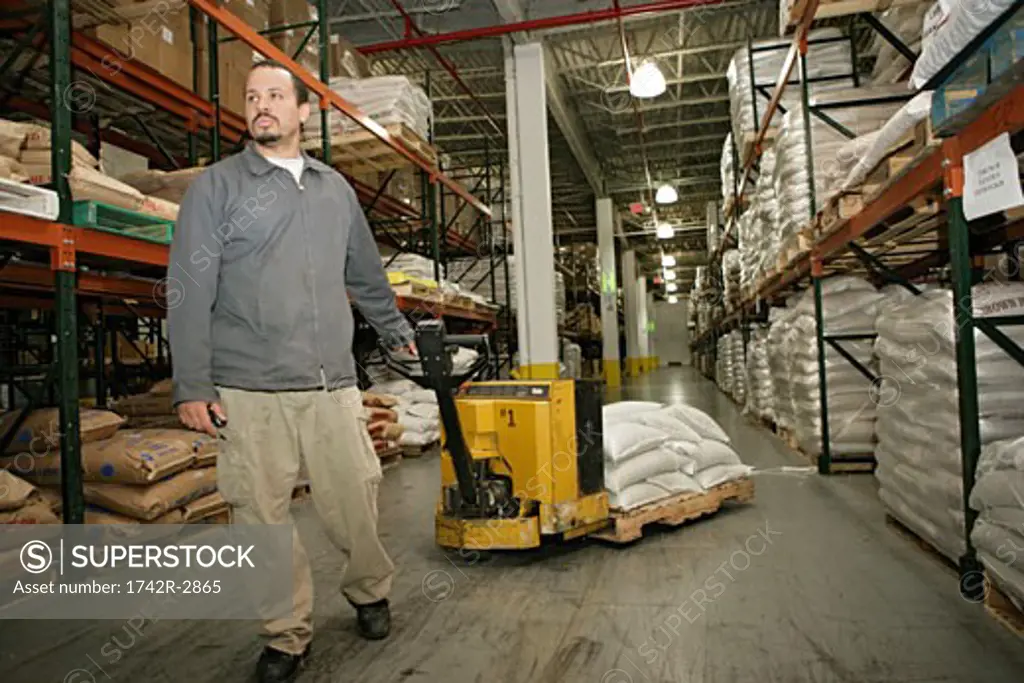 View of a worker moving goods on a pallet.