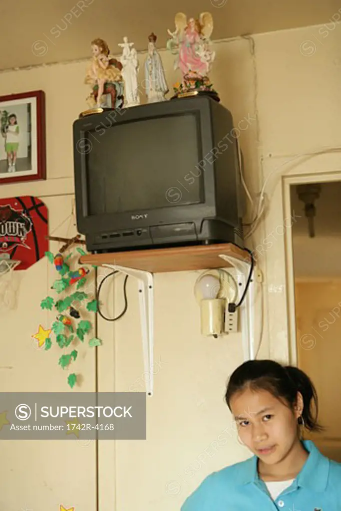 Teenage girl (15-17) standing below television, portrait