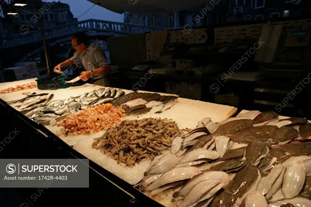 Man arranging fish on fish stall