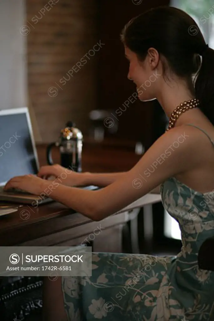 Young woman using laptop at bar in cafe.
