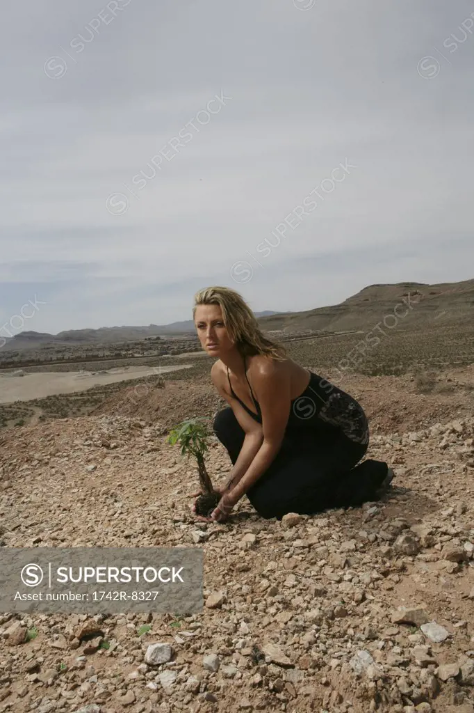 Portrait of a young woman planting on an arid landscape