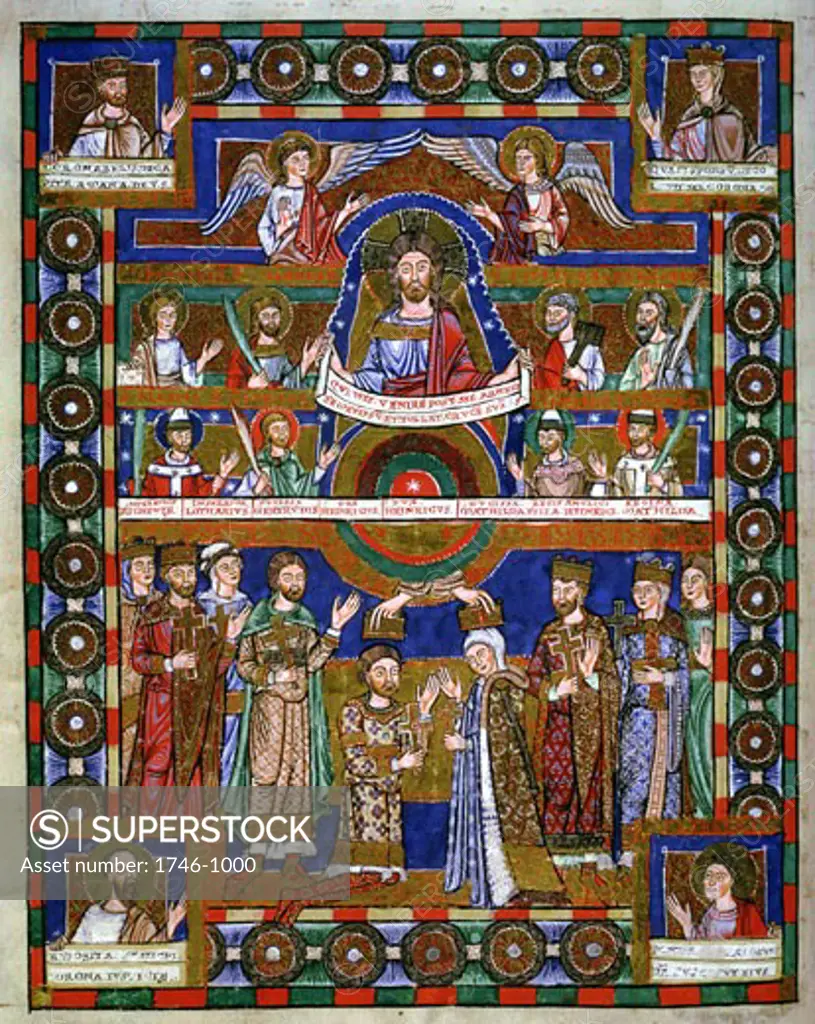 Coronation of Henry the Lion (1129-1195) Duke of Saxony from 1146, and his wife Matilda daughter of Henry II of England, married 1168. In top half of picture Christ, Angels and Saints look down. From Gospel of Henry the Lion. Manuscript