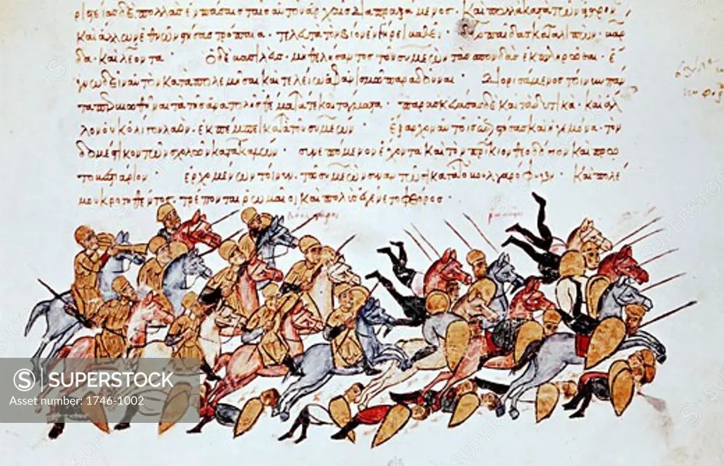 Byzantine cavalrymen overwhelming enemy cavalry and footsoldiers. Illustrated manuscript