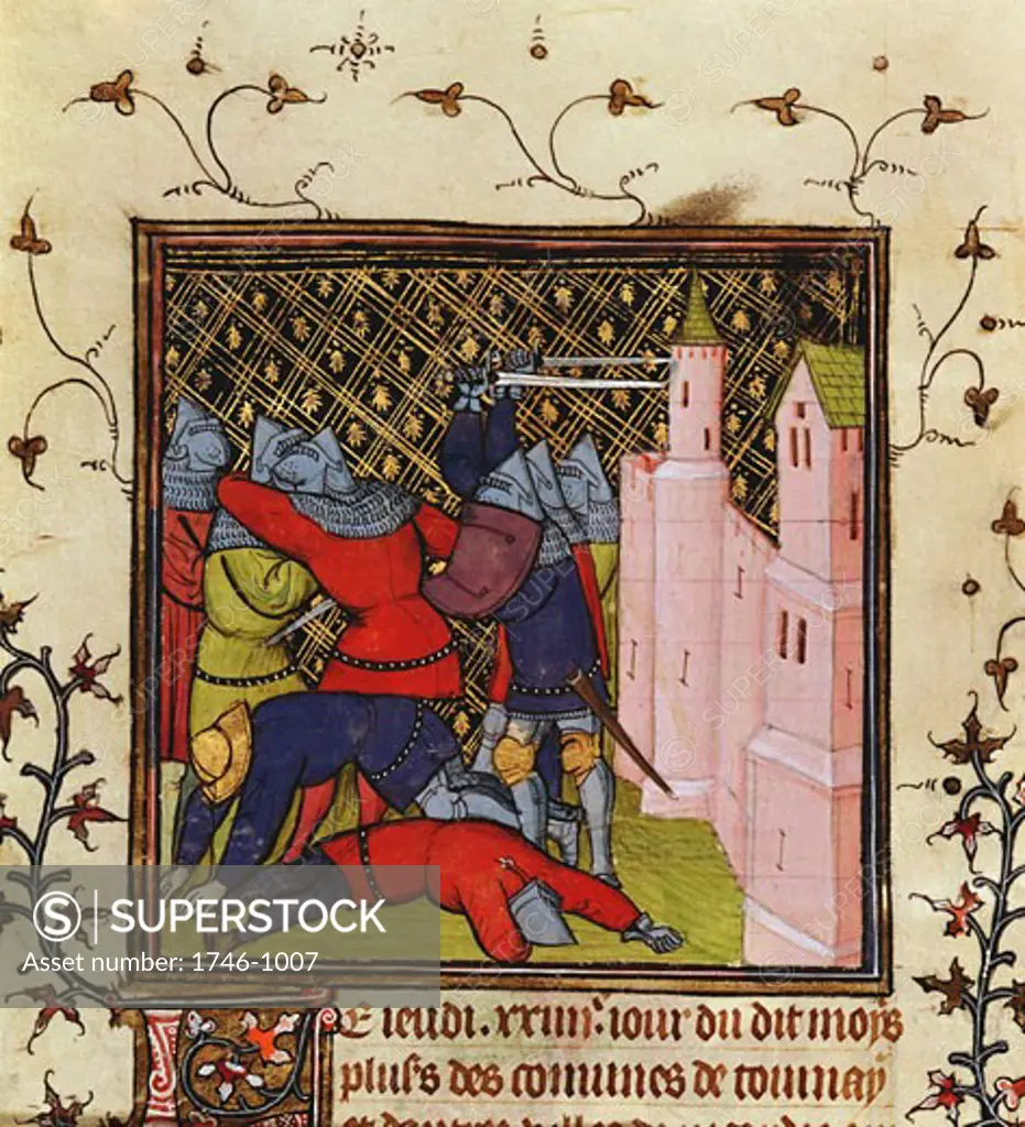 Hand-to-hand fighting with swords in defence of a castle. 14th century manuscript. British Museum