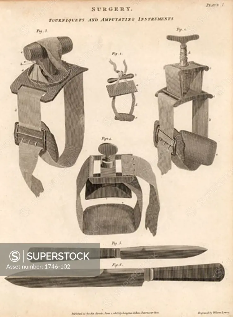 Tourniquets and amputating instruments, From Rees's Cyclopaedia, 1803, Wilson Lowry, (1762-1824/British), Engraving