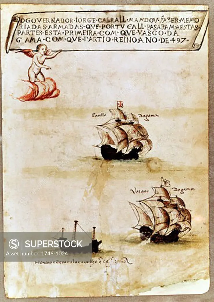 Vasco da Gama (c1469-1525) Portuguese navigator, first westerner to round Cape of Good Hope to Asia. Gama's fleet with his ship 'The Raphael' (centre) Pierpoint Morgan Library