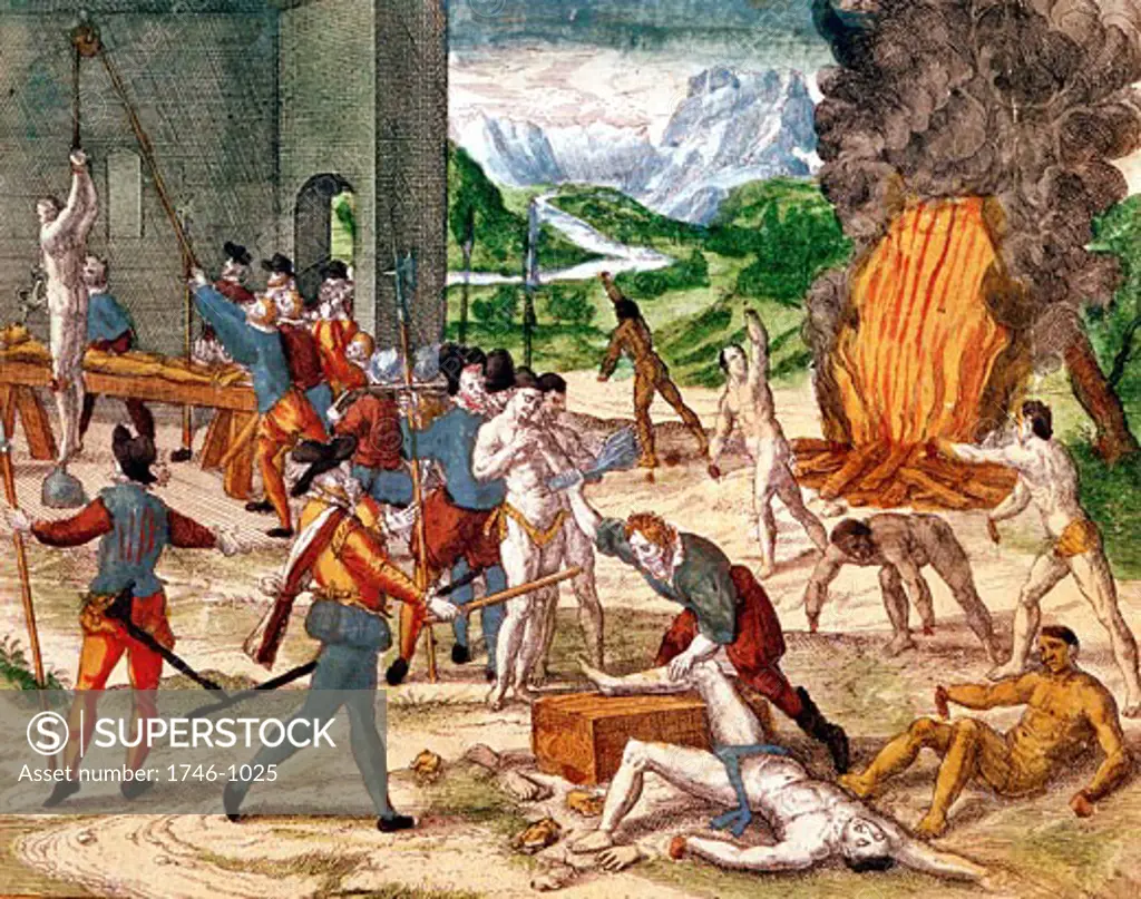 Hernando de Soto (c1496-1542) Spanish explorer and his men torturing natives of Florida in his determination to find gold. Hand-coloured engraving. John Judkyn Memorial Collection, Freshford Manor, Bath
