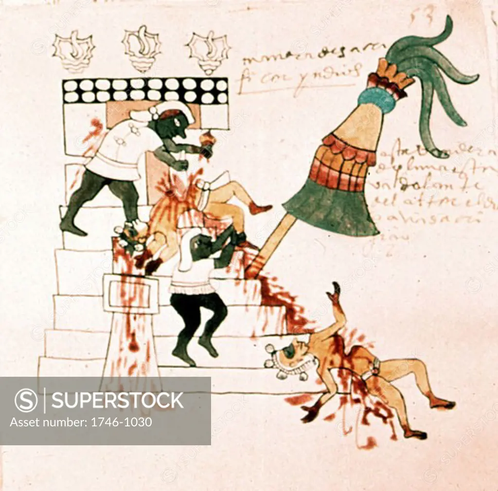 Aztec temple sacrifice. From Codex Magliabicciano. Museo de America, Madrid