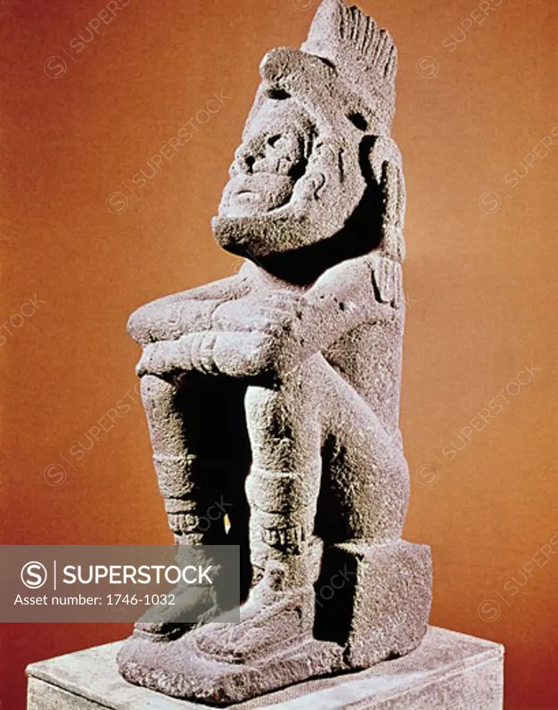 Aztec sculpture of seated male figure. Reissmuseum, Zeughaus, Mannheim