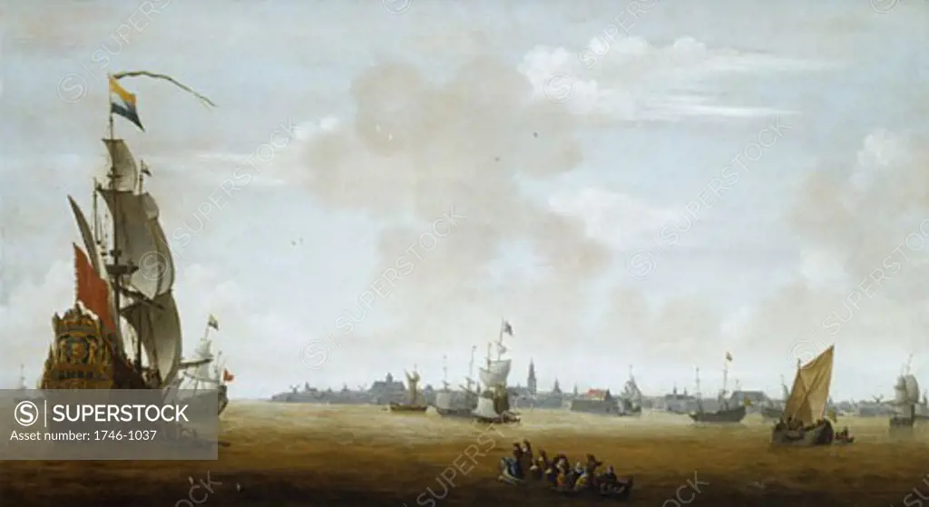 View of Amsterdam from the sea, Peter van den Velde, (1634-1687/Flemish), Oil on wood, Private collection
