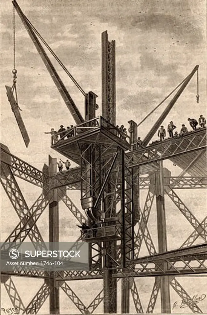 Construction of the Eiffel Tower, Paris, France. A steel girder being lifted into place with a crane. From La Nature (Paris, 1889), 1889
