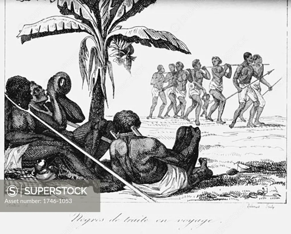 Slave convoy on the way to slave boat. Africa. Early 19th century. Copperplate engraving