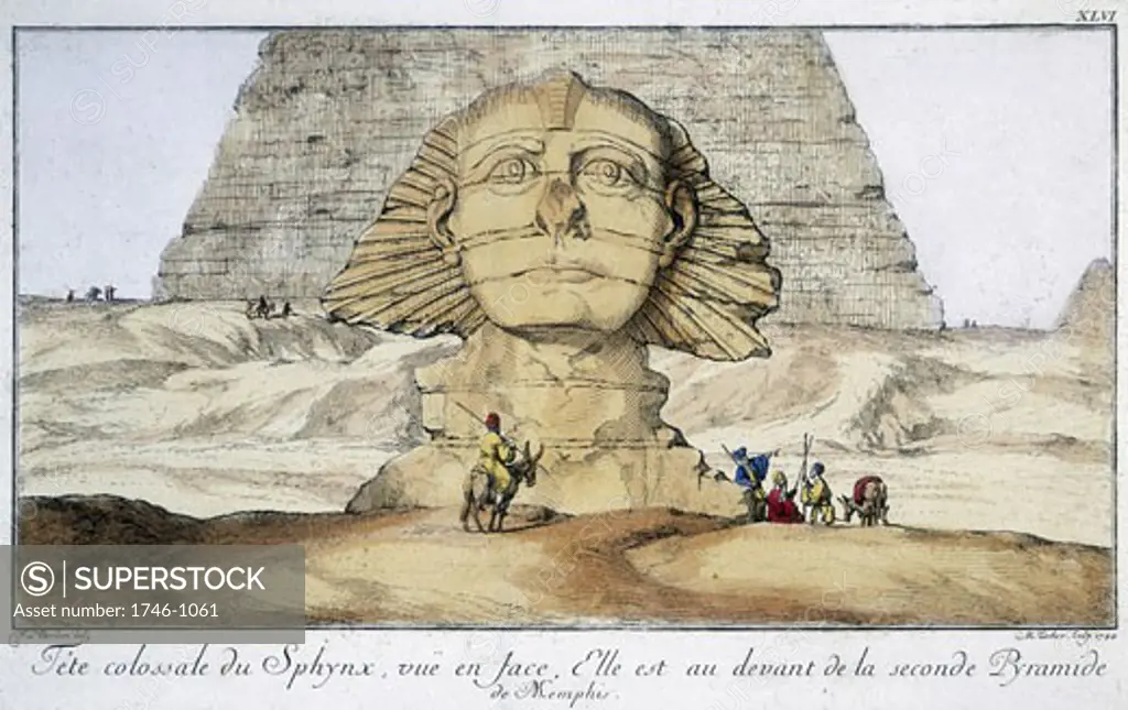 Huge head of Sphinx, seen from the front. It is just in front of the second pyramid of Memphis, Egypt. Engraving after F L Norden
