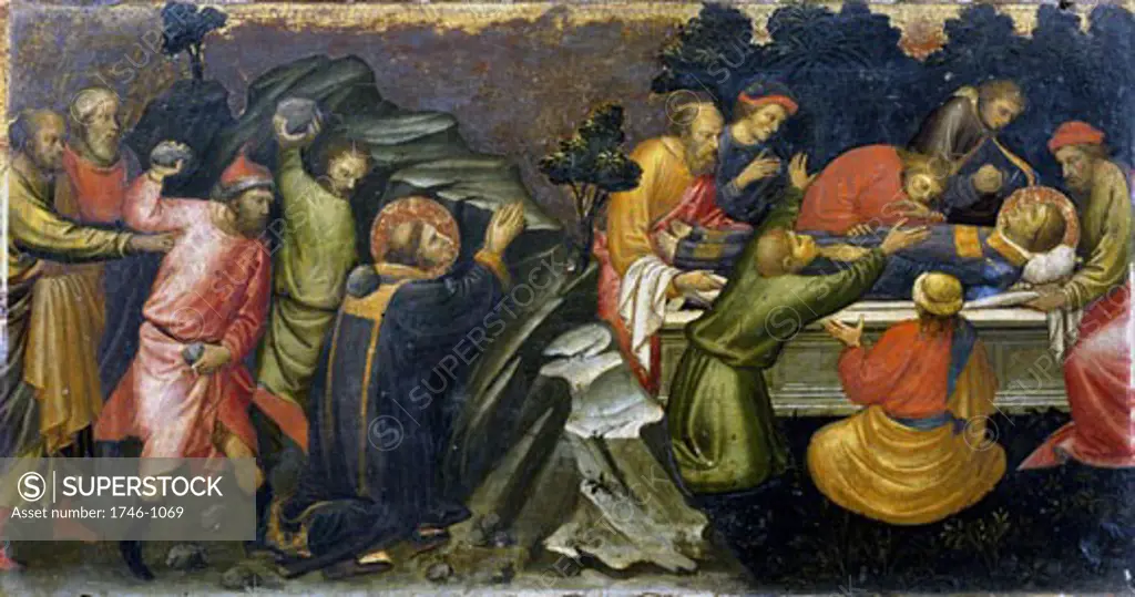 Stoning and burial of St. Stephen. First Christian martyr. Mariotto di Nardo (active 1394-1424 Italian) Private collection