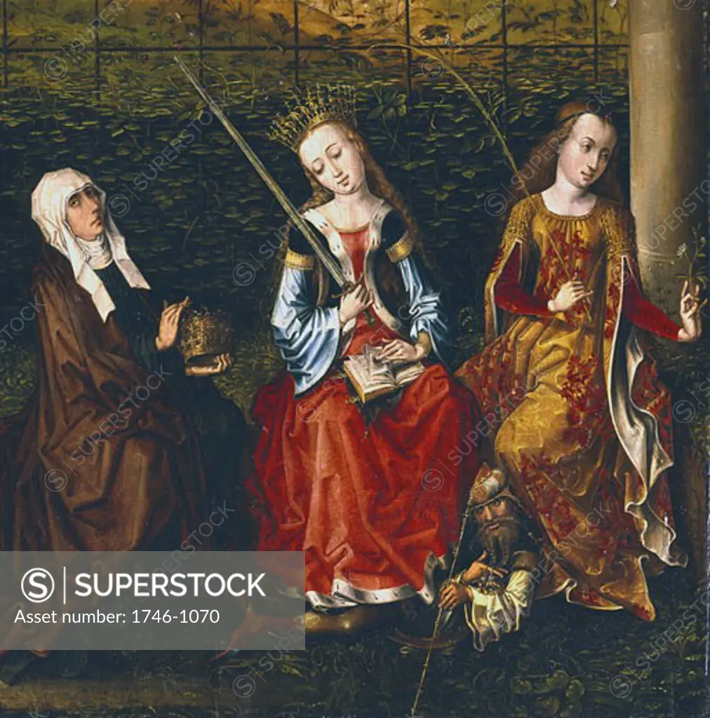 Master of view of Sainte Gudule (15th century). St Elizabeth of Hungary (1207-31), St Catherine of Alexandria (d.307)), St Rosalie (13th century) of Padua receiving rose from the Virgin. Emperor Maximus who put Catherine to death. Oil on wood. Private collection. 