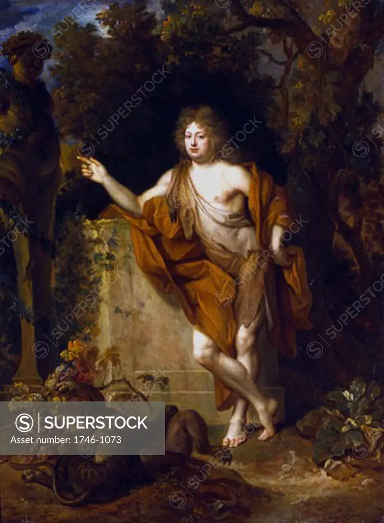 Philip Duc d'Orleans (1674-1723) Regent of France from 1715 during minority of of Louis XV. Here as Bacchus beside statue of Silenus, drunken attendant and nurse to Bacchus. Nicolas de Largilliere (1656-1746 French), Oil on canvas, Louvre, Paris