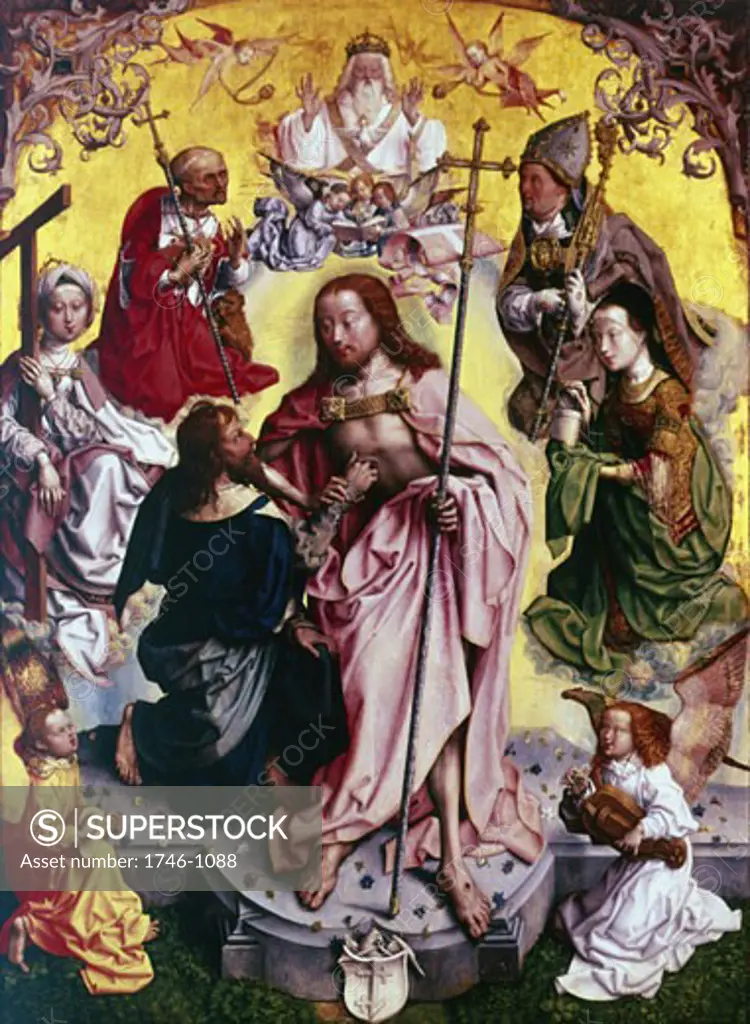 Master of the altarpiece of St Bartholemew c.1499. St Thomas, DoubtingThomas, placing his hand into Christ's wound. On left, St Jerome, on right St Ambrose and St Mary Magdalene. God the Father, with Dove of Holy Spirit, looks down. Angel bottom right plays a Hurdy-Gurdy. Wallraf-Richartz Museum, Cologne 