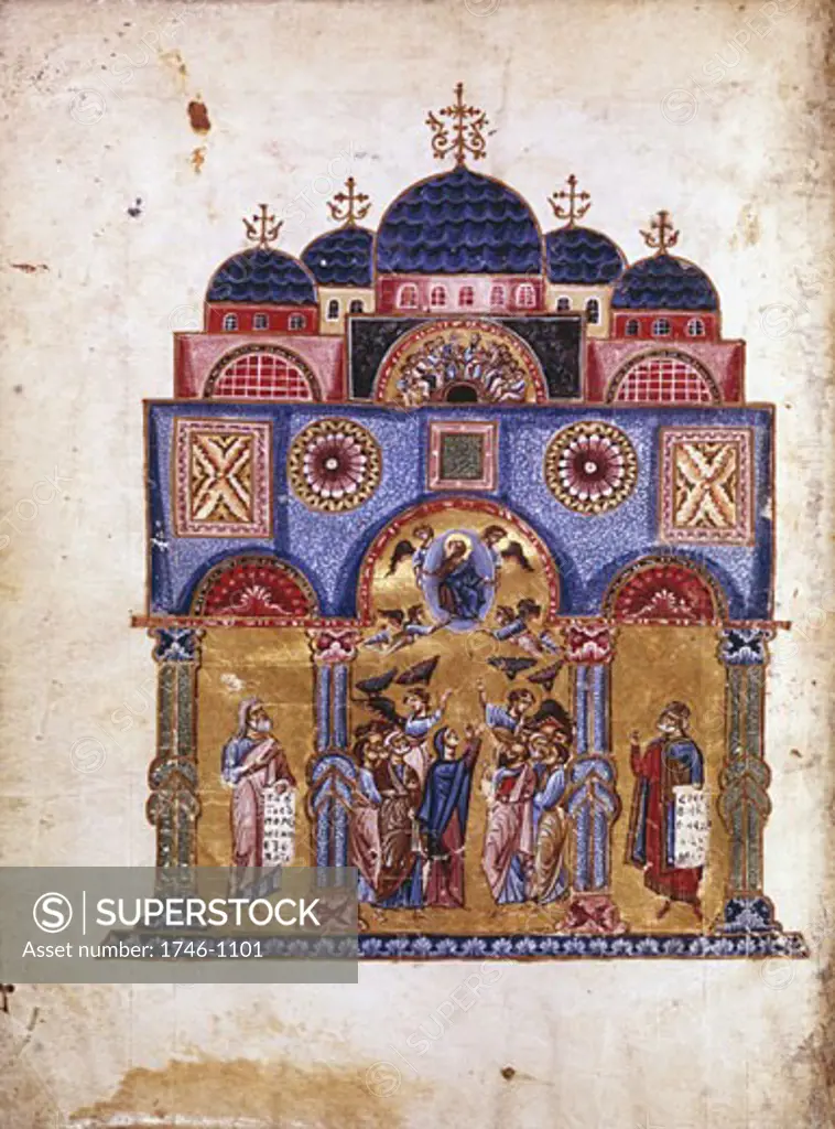 Byzantine art. The Monk James (James of Kokkinobaphos) Homilies on the Virgin (12th century). Ascension (centre), David (right, wearing crown) and Isiah (left). Paris, Bibliotheque Ntionale.