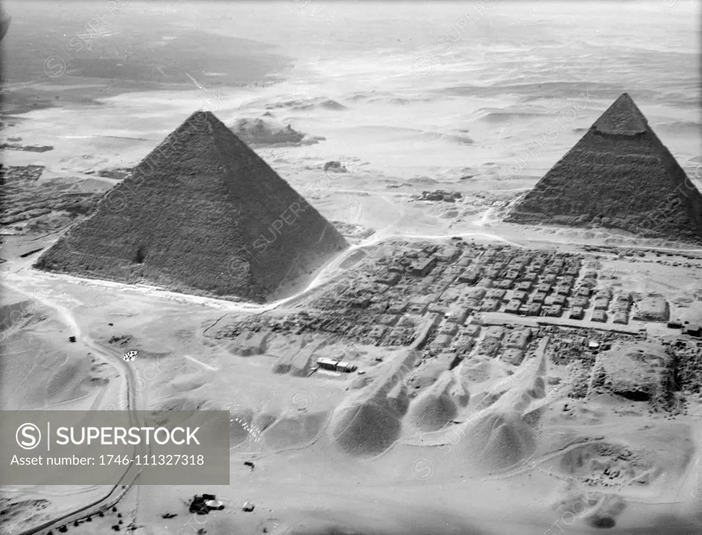 aerial view of the pyramids, Egypt. The two largest pyramids of Giza. Taken from the west. 1932
