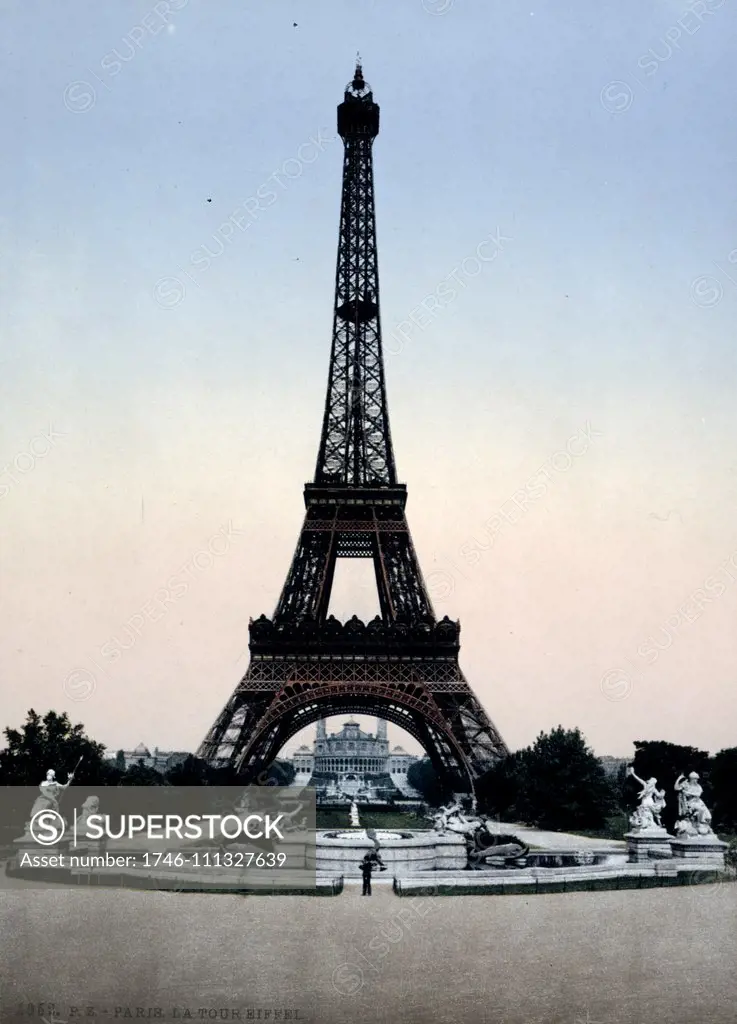 Eiffel Tower, full-view, looking toward the Palais du Trocadéro, Paris, France. Published between ca. 1890 and ca. 1900. photomechanical print : photochrom, colour.