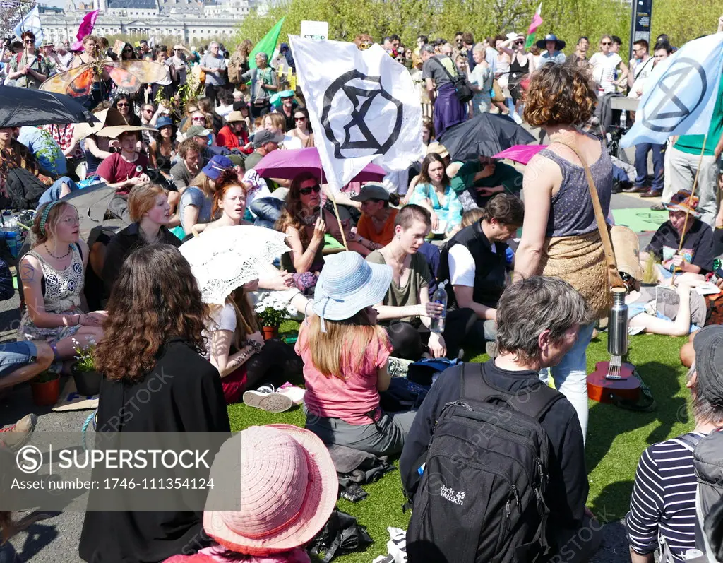 Extinction Rebellion climate change protesters protest peacefully, by occcupying Waterloo Bridge, in London. April 20th 2019